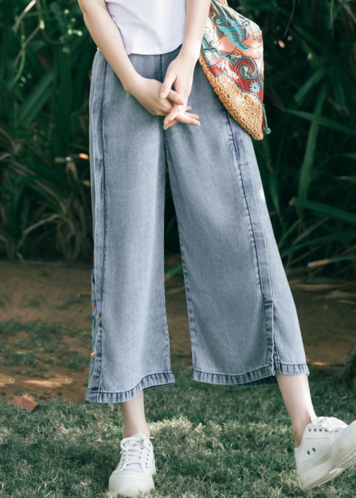 Art Blue Embroidered Pockets Patchwork Denim Wide Leg Pants Summer