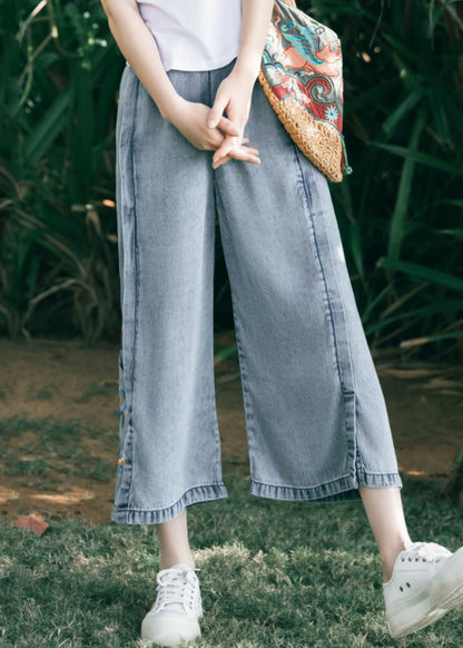 Art Blue Embroidered Pockets Patchwork Denim Wide Leg Pants Summer