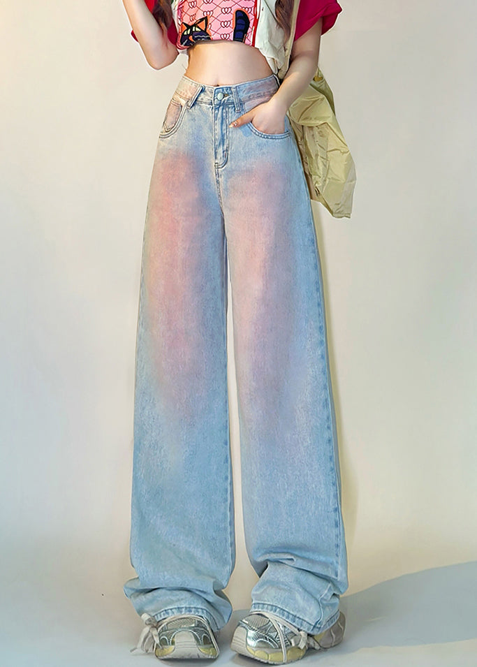 Art Blue Gradient Color Pockets High Waist Denim Pants Spring
