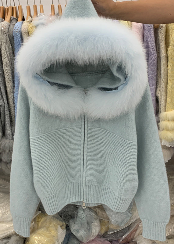 Art Blue Hooded Fox Collar Patchwork Knit Coat Winter