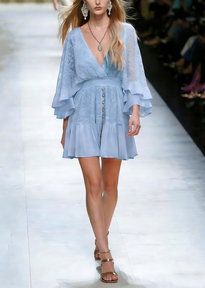 Art Blue Lace Patchwork Tunic Mid Dress Spring