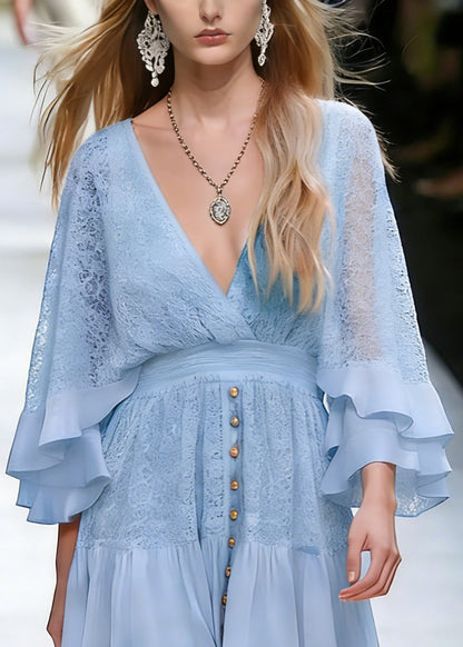 Art Blue Lace Patchwork Tunic Mid Dress Spring