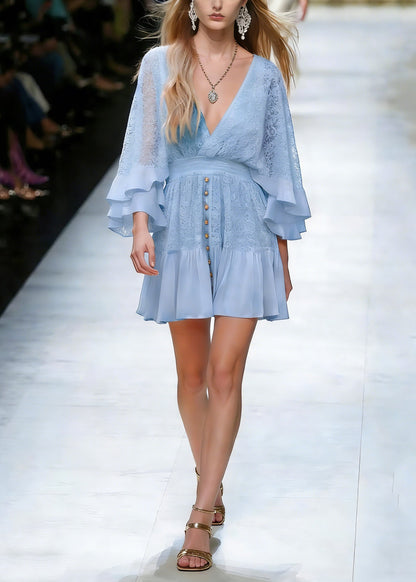 Art Blue Lace Patchwork Tunic Mid Dress Spring