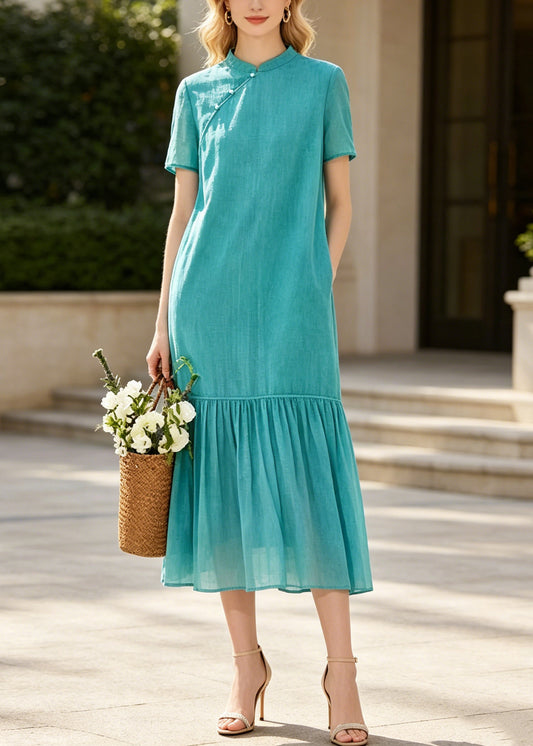 Art Blue Mandarin Collar Patchwork Cotton Long Dresses Summer