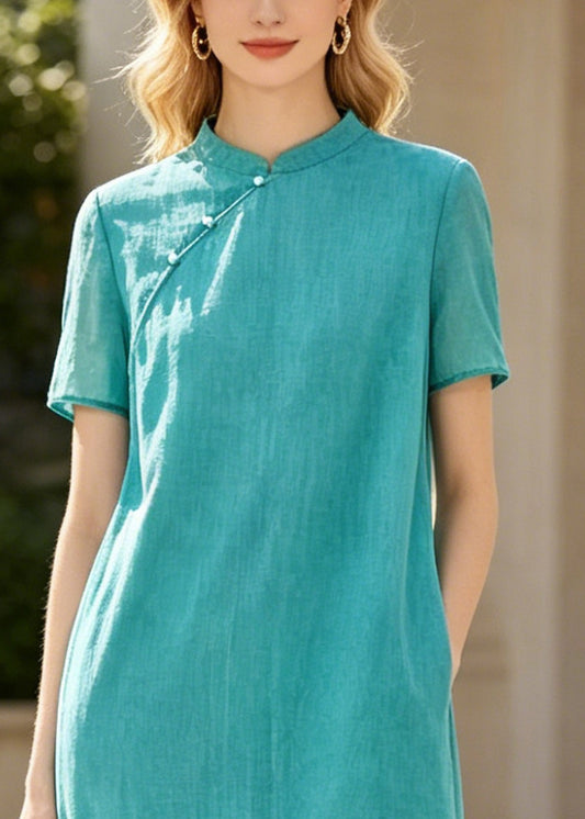 Art Blue Mandarin Collar Patchwork Cotton Long Dresses Summer