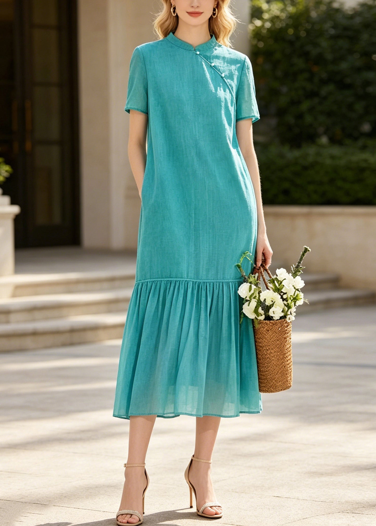 Art Blue Mandarin Collar Patchwork Cotton Long Dresses Summer