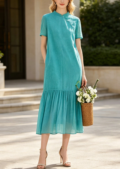 Art Blue Mandarin Collar Patchwork Cotton Long Dresses Summer