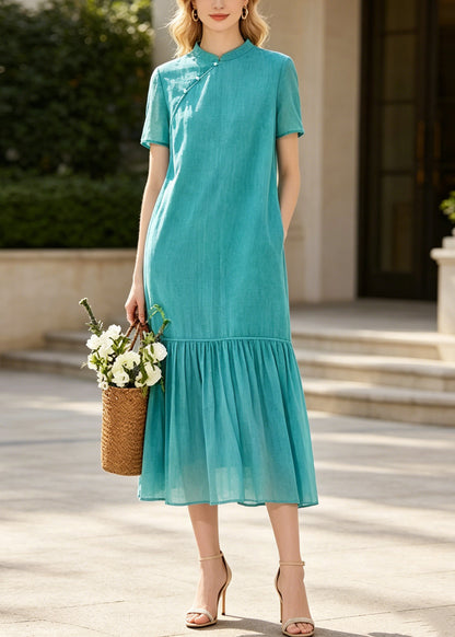 Art Blue Mandarin Collar Patchwork Cotton Long Dresses Summer