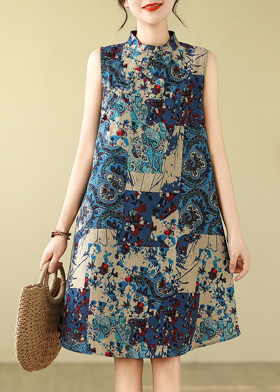Art Blue Mandarin Collar Print Cotton Mid Dress Sleeveless