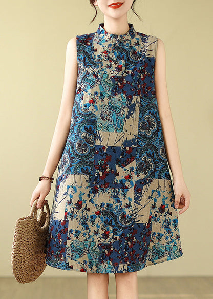 Art Blue Mandarin Collar Print Cotton Mid Dress Sleeveless