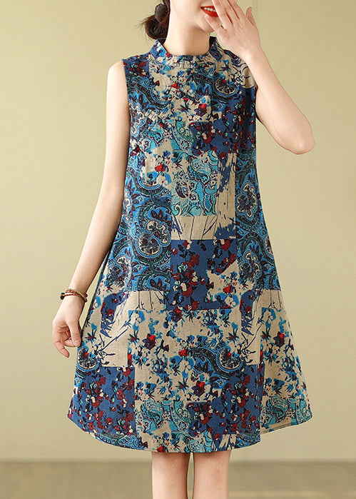 Art Blue Mandarin Collar Print Cotton Mid Dress Sleeveless