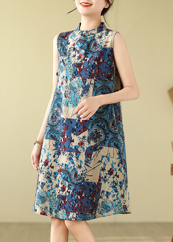 Art Blue Mandarin Collar Print Cotton Mid Dress Sleeveless