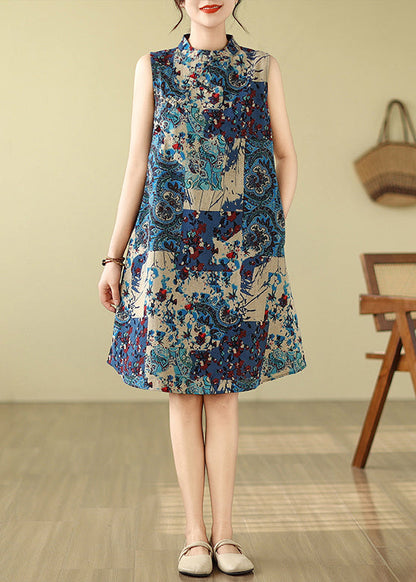 Art Blue Mandarin Collar Print Cotton Mid Dress Sleeveless