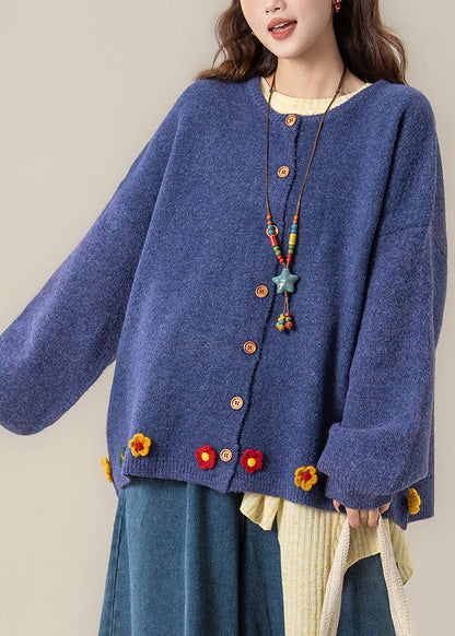 Art Blue O Neck Button Floral Knit Coat Spring