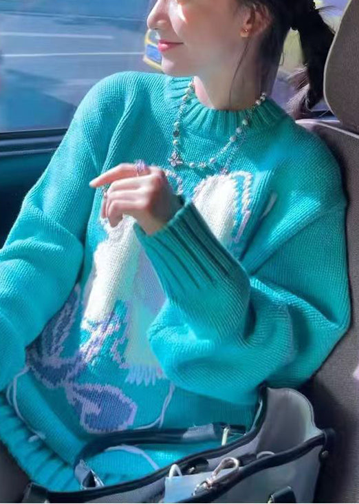 Art Blue O Neck Floral Cozy Knit Sweater Spring