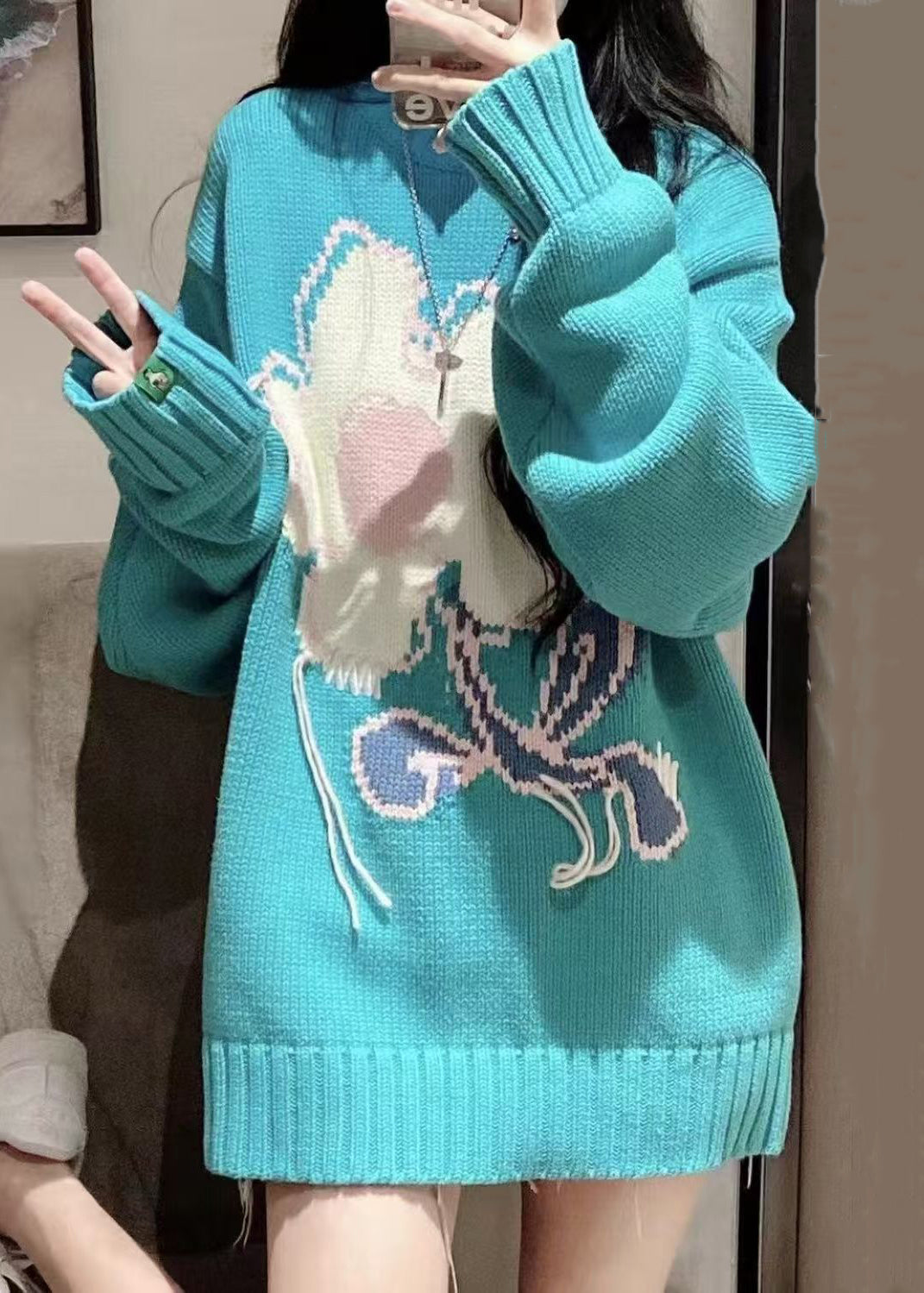 Art Blue O Neck Floral Cozy Knit Sweater Spring