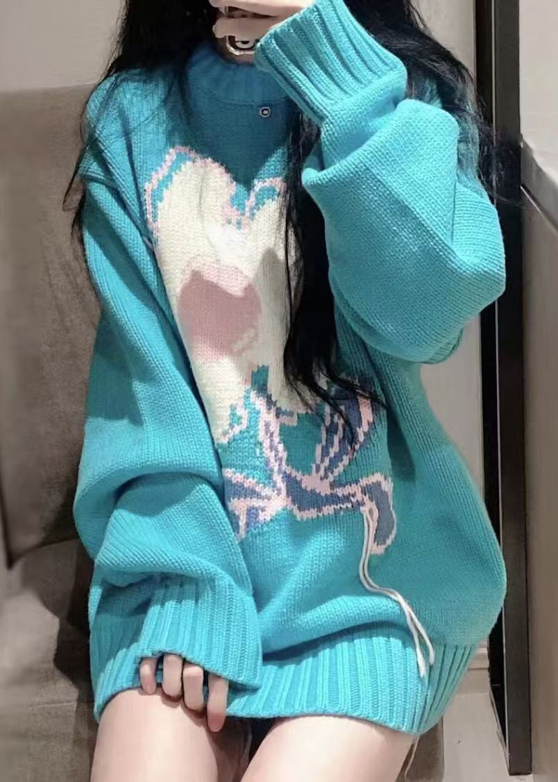 Art Blue O Neck Floral Cozy Knit Sweater Spring