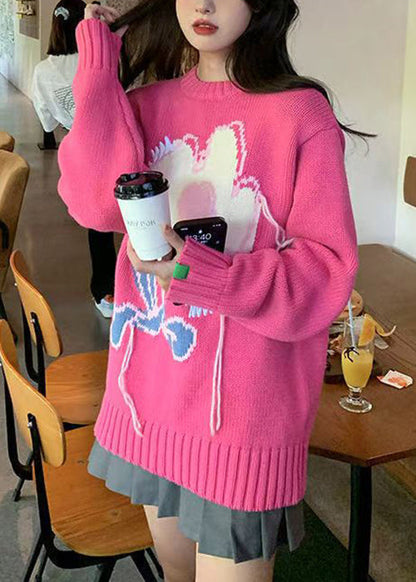 Art Blue O Neck Floral Cozy Knit Sweater Spring