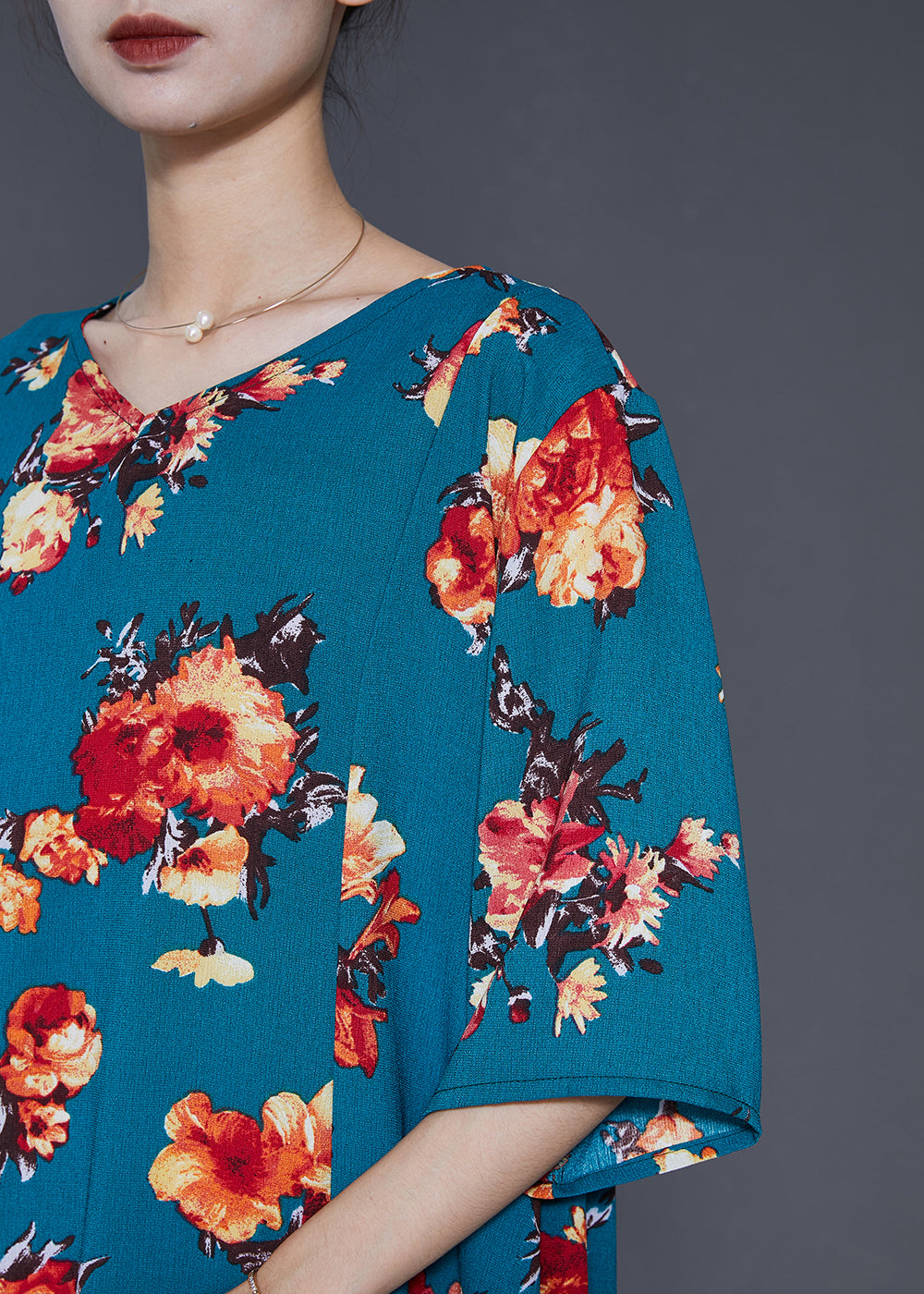 Art Blue Oversized Flower Front Open Cotton Long Dress Summer