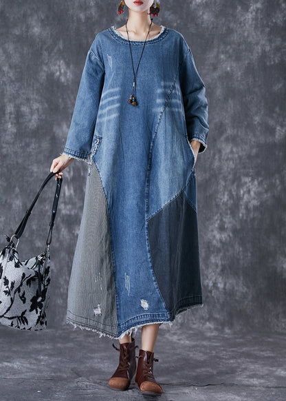 Art Blue Oversized Patchwork Denim Long Dress Fall