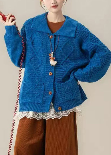Art Blue Peter Pan Collar Pockets Cable Knit Loose Coat Winter