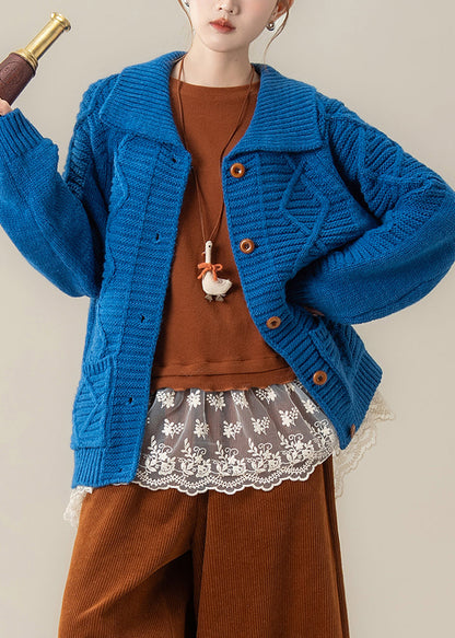 Art Blue Peter Pan Collar Pockets Cable Knit Loose Coat Winter