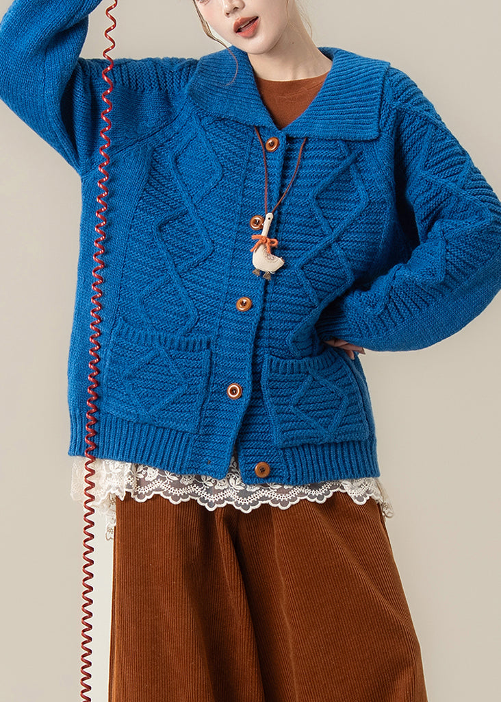 Art Blue Peter Pan Collar Pockets Cable Knit Loose Coat Winter