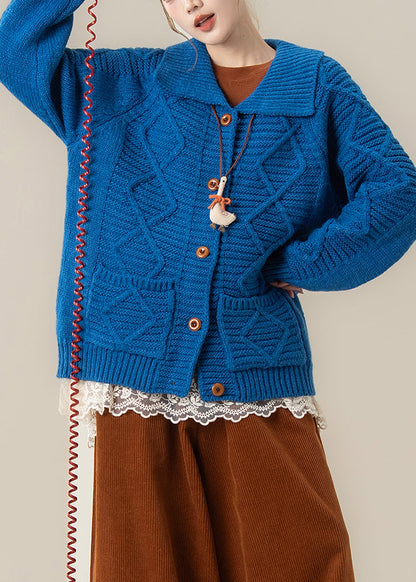 Art Blue Peter Pan Collar Pockets Cable Knit Loose Coat Winter