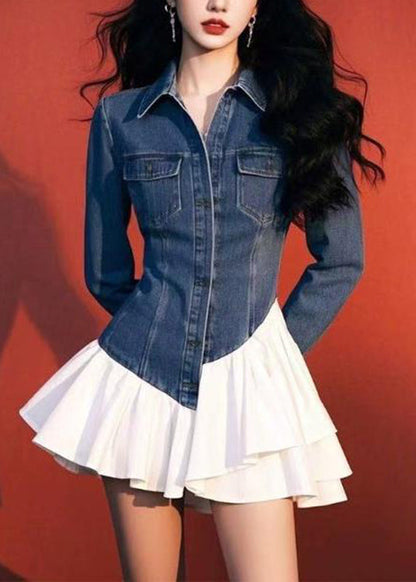 Art Blue Pockets Fake Two Pieces Denim Mid Dresses Spring