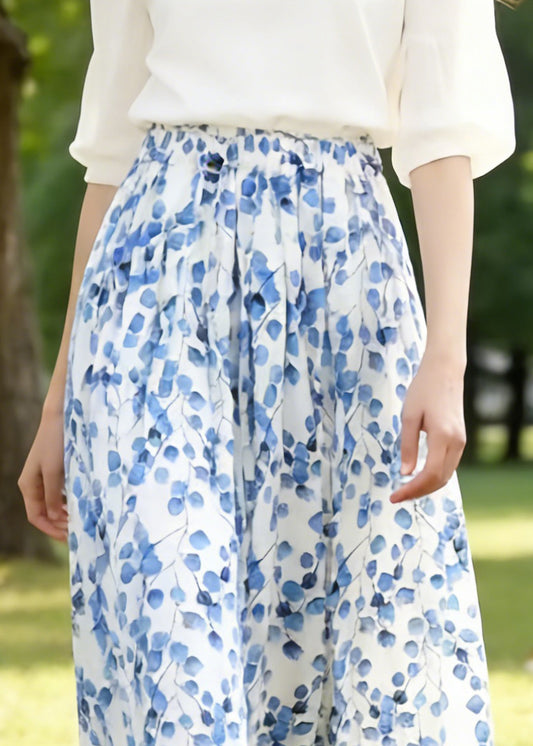 Art Blue Print Elastic Waist Cotton Skirts Summer