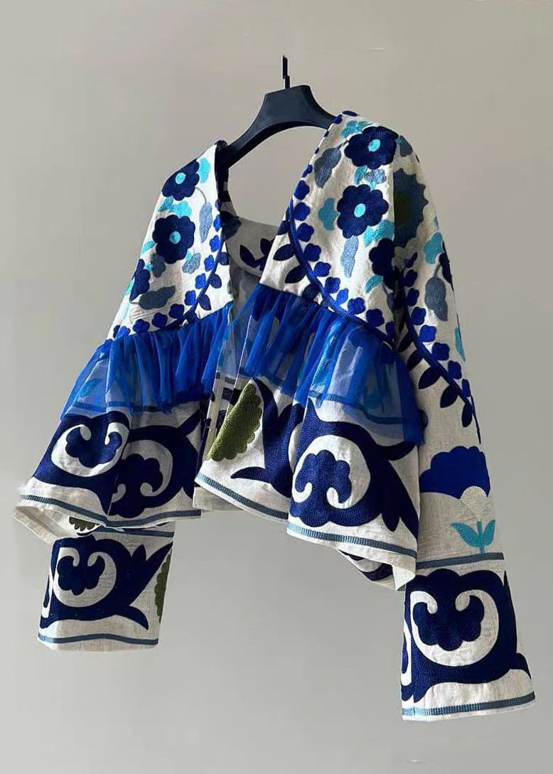 Art Blue Print Wrinkled Patchwork Cotton Cardigan Fall