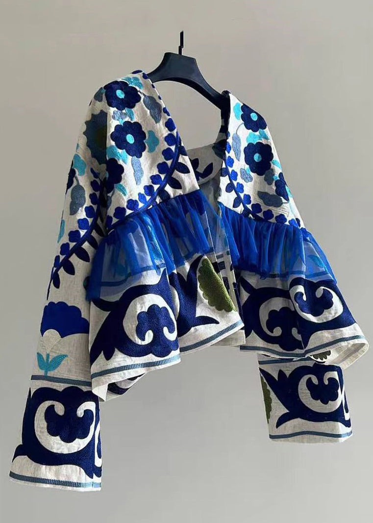 Art Blue Print Wrinkled Patchwork Cotton Cardigan Fall