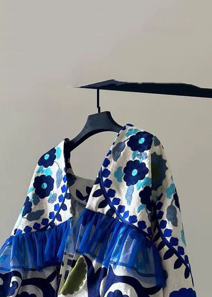 Art Blue Print Wrinkled Patchwork Cotton Cardigan Fall