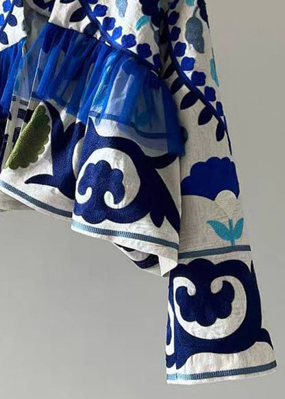 Art Blue Print Wrinkled Patchwork Cotton Cardigan Fall