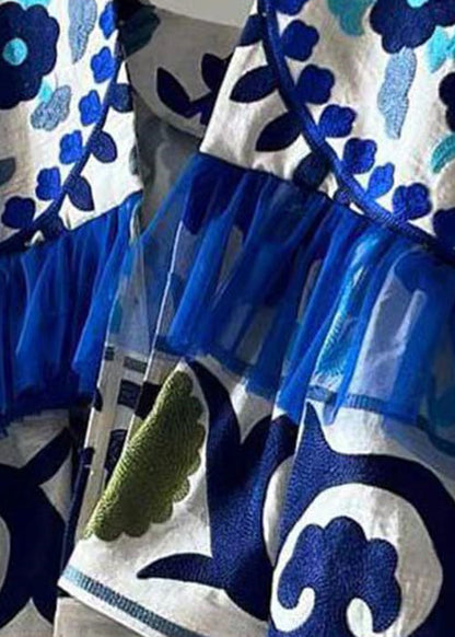 Art Blue Print Wrinkled Patchwork Cotton Cardigan Fall