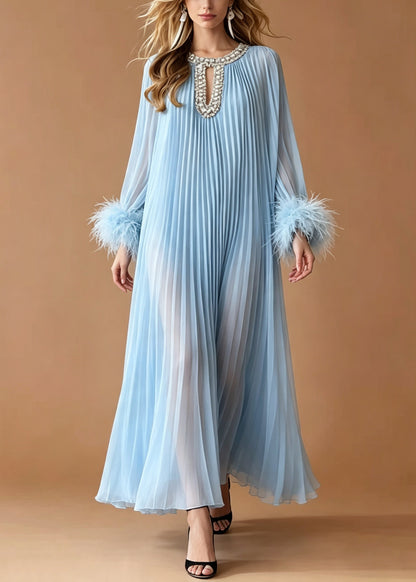 Art Blue Rhinestone Patchwork Faux Fur Chiffon Pleated Dresses Summer