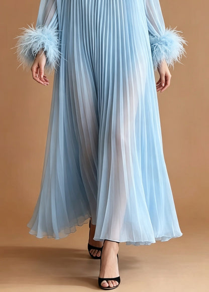 Art Blue Rhinestone Patchwork Faux Fur Chiffon Pleated Dresses Summer