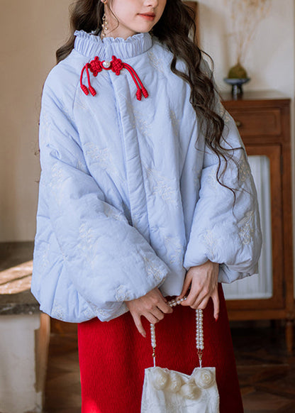 Art Blue Ruffled Embroidered Button Cotton Filled Parkas Winter