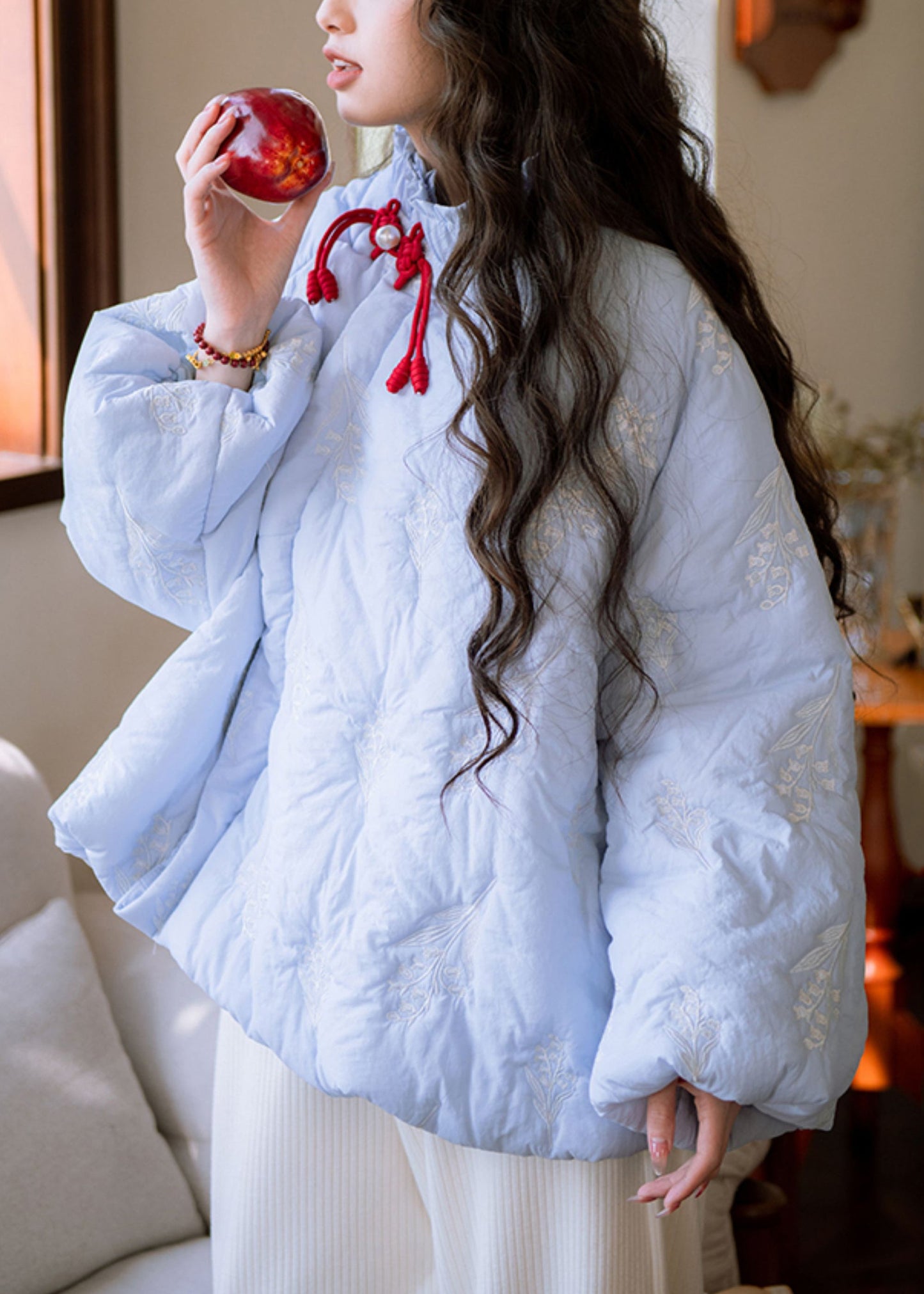 Art Blue Ruffled Embroidered Button Cotton Filled Parkas Winter