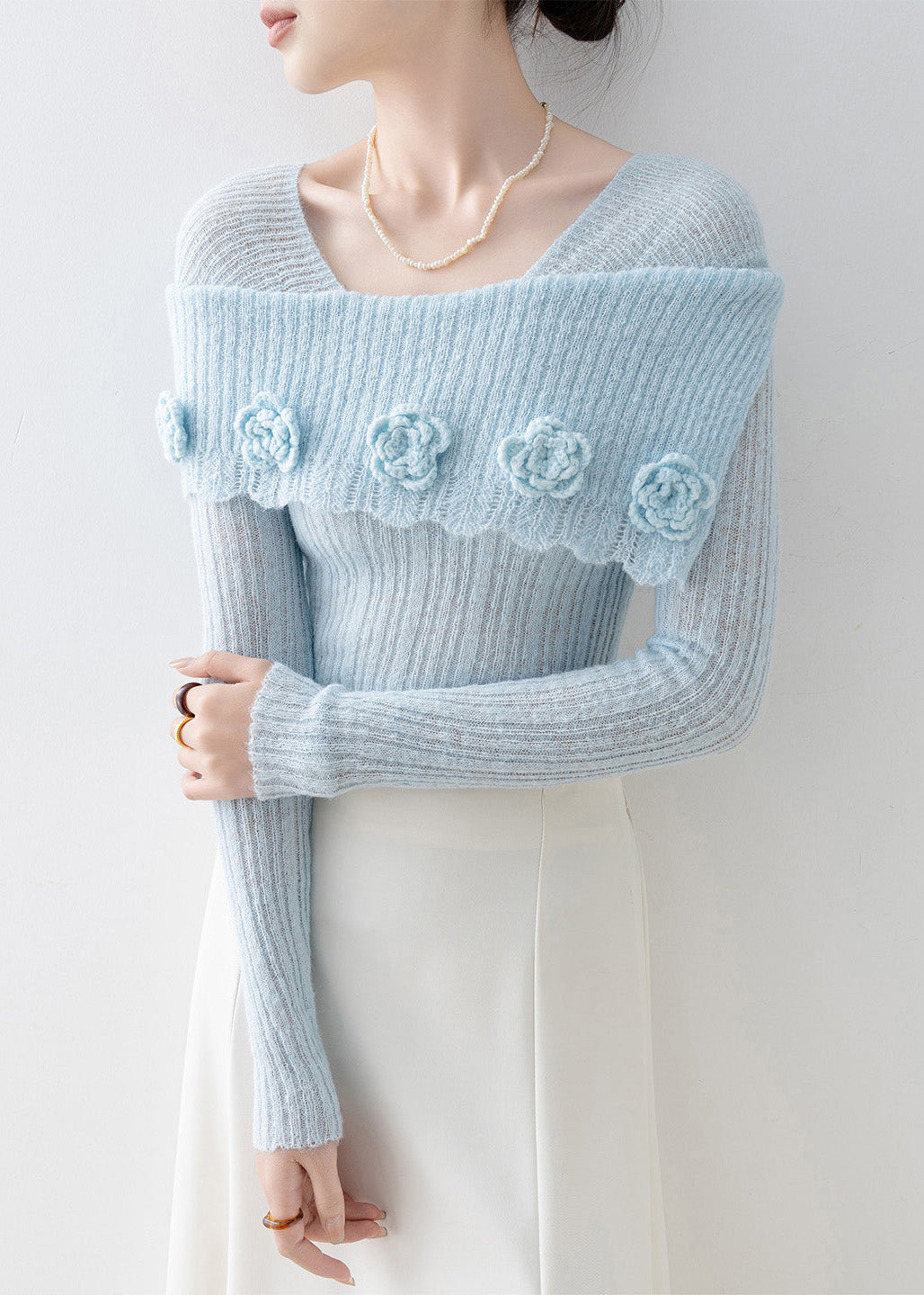 Art Blue Slash Neck Floral Slim Fit Knitted Tops Spring