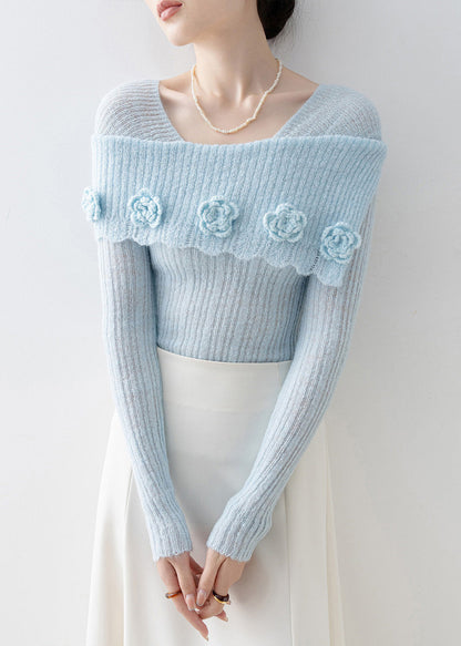 Art Blue Slash Neck Floral Slim Fit Knitted Tops Spring