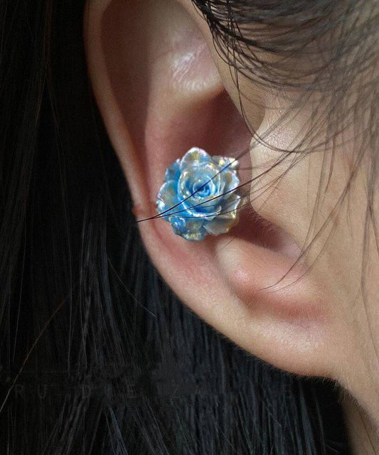 Art Blue Stainless Steel Rose Stud Earrings