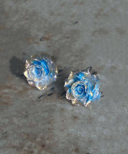 Art Blue Stainless Steel Rose Stud Earrings