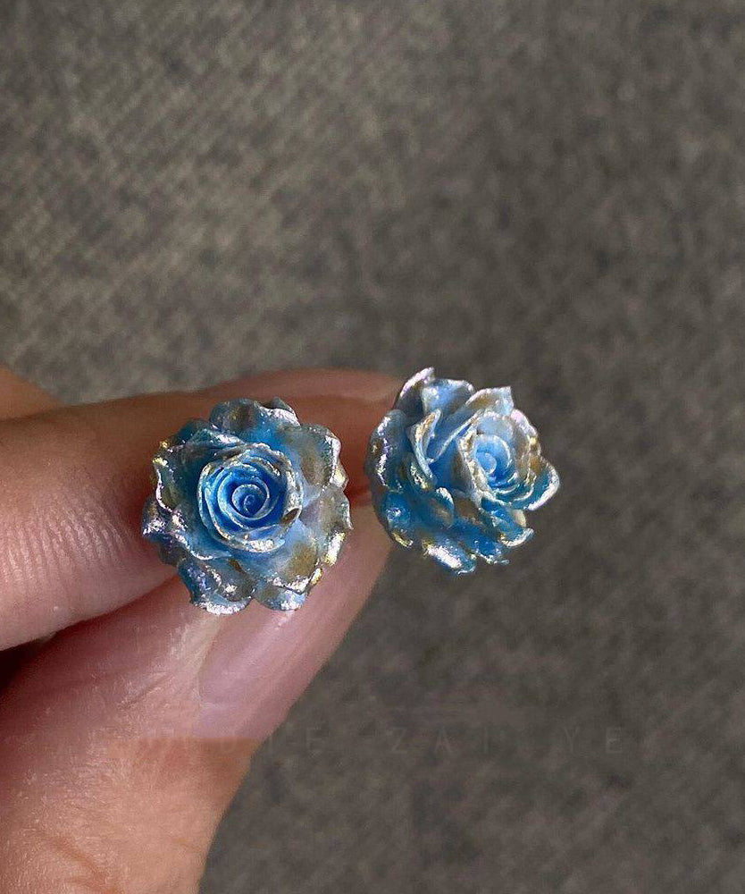 Art Blue Stainless Steel Rose Stud Earrings
