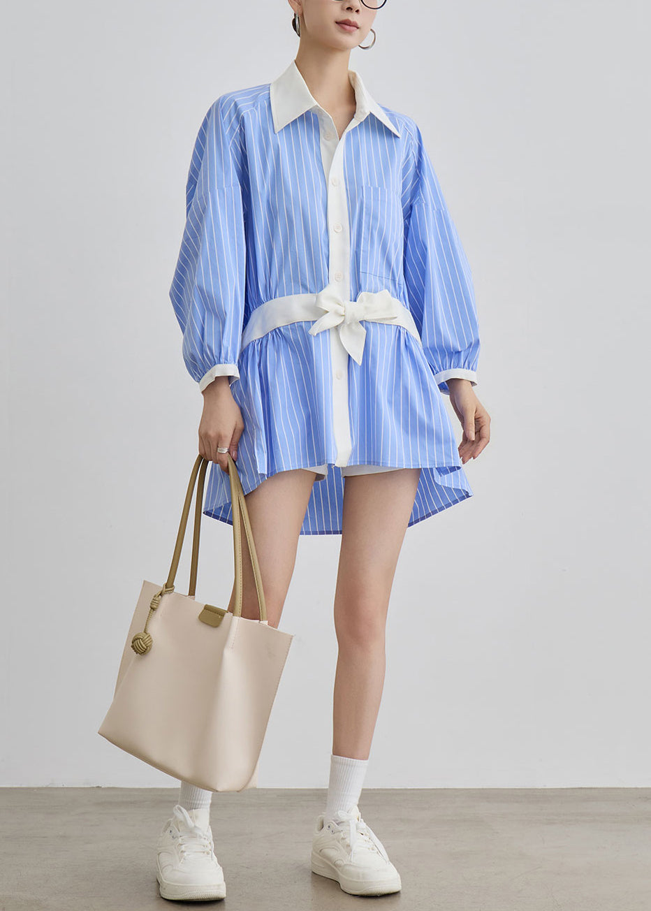 Art Blue Striped Bow Side Open Patchwork Cotton Blouses Dresses Fall
