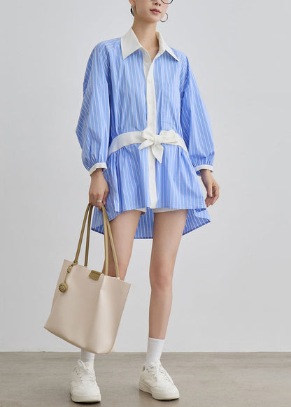 Art Blue Striped Bow Side Open Patchwork Cotton Blouses Dresses Fall