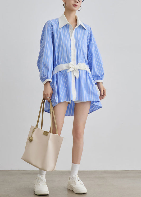 Art Blue Striped Bow Side Open Patchwork Cotton Blouses Dresses Fall