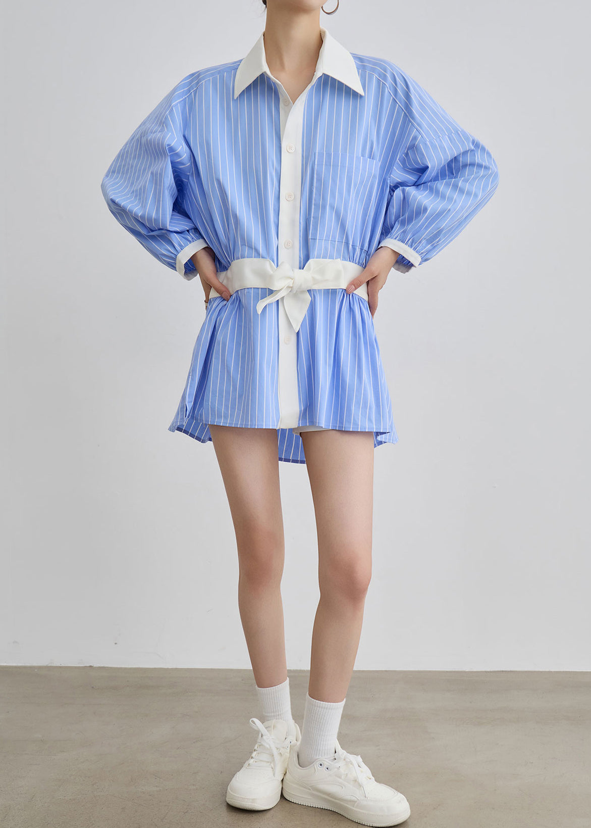 Art Blue Striped Bow Side Open Patchwork Cotton Blouses Dresses Fall