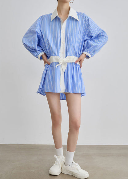 Art Blue Striped Bow Side Open Patchwork Cotton Blouses Dresses Fall