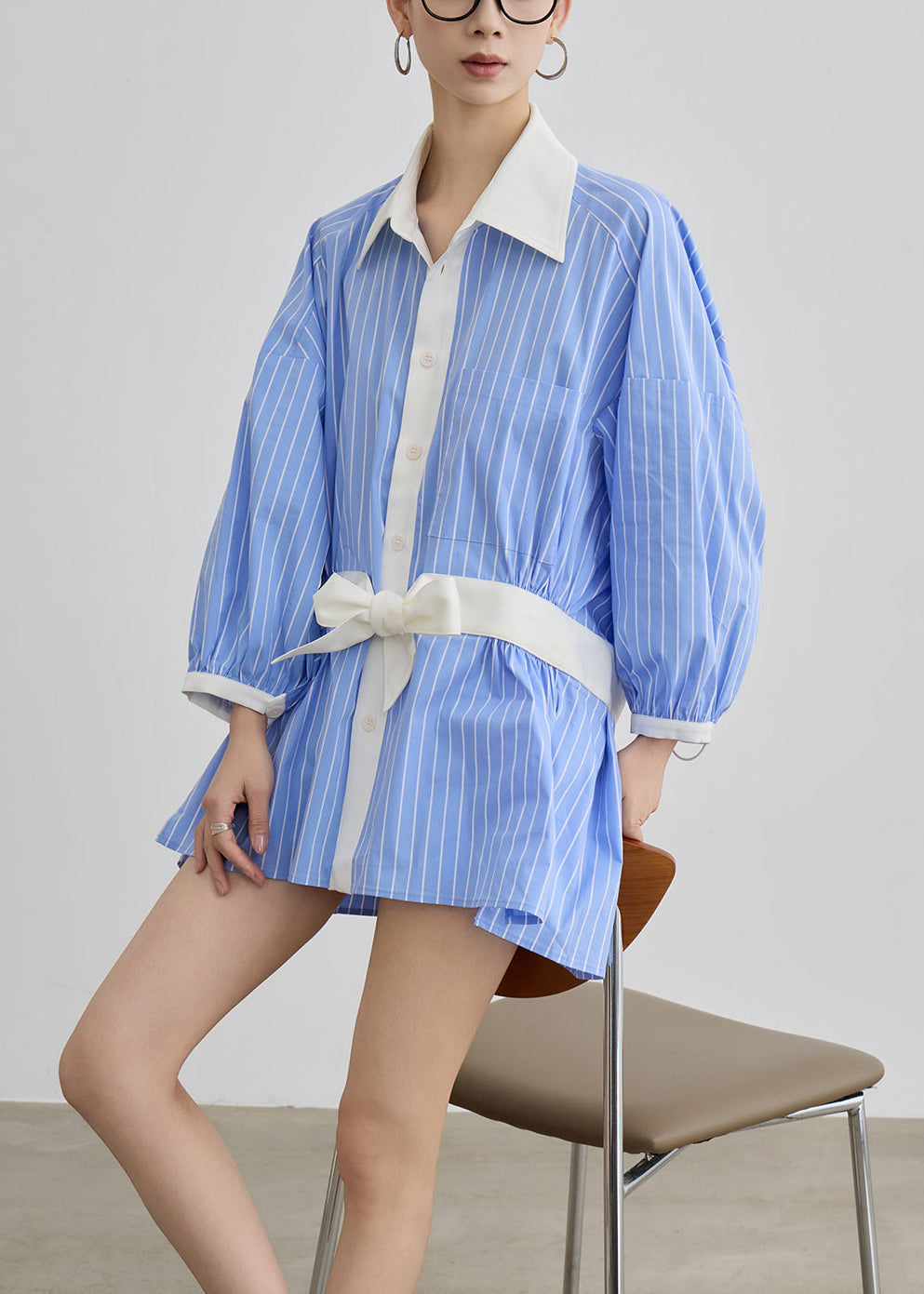 Art Blue Striped Bow Side Open Patchwork Cotton Blouses Dresses Fall